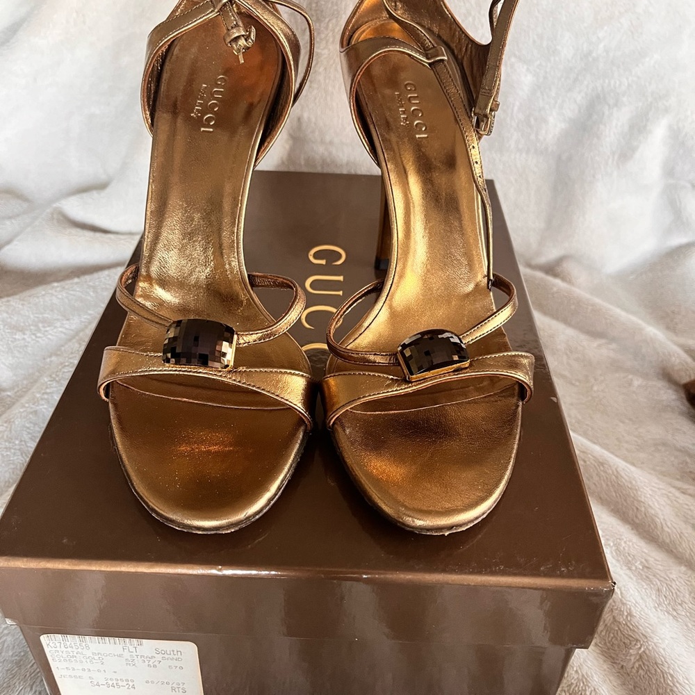 Authentic Gucci Crystal Broche Gold Sandal